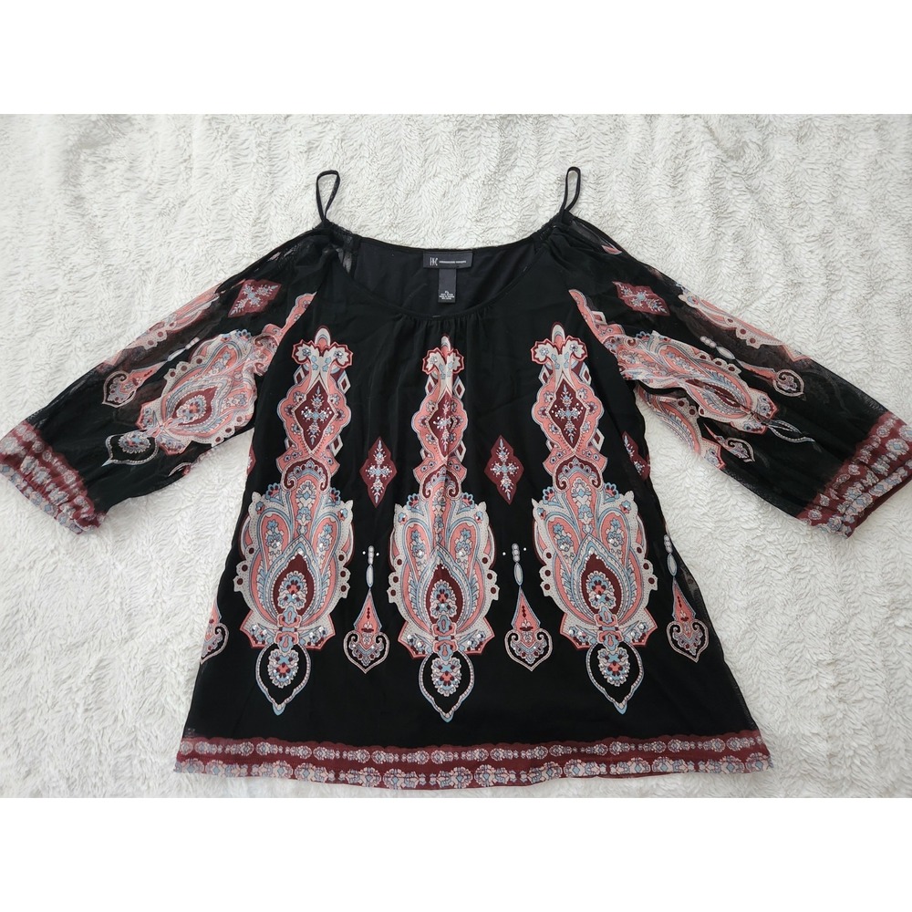 INC International Concepts Women's Cold Shoulder Blouse XL Black Paisley...